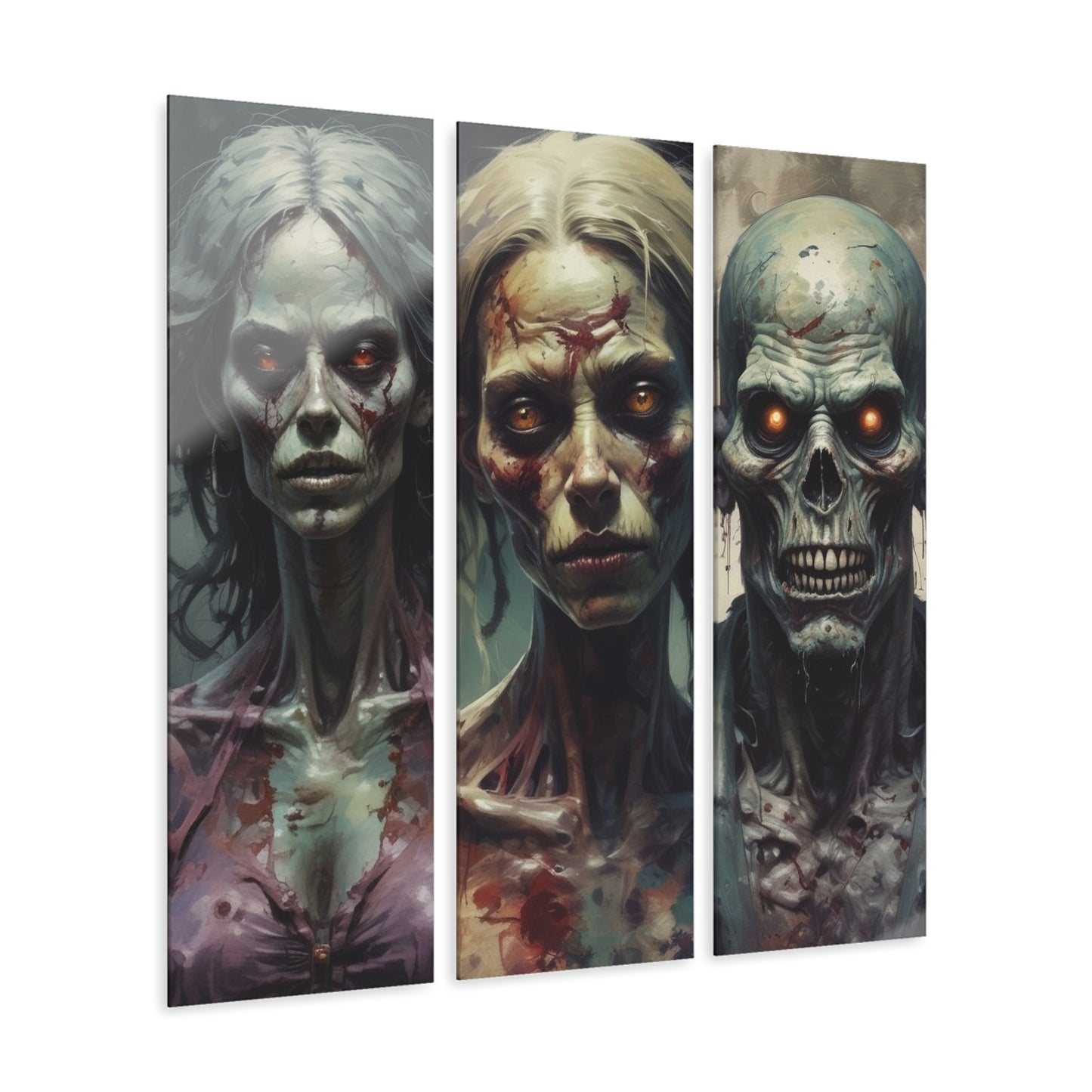 Triptych Acrylic Wall Art — Horror Zombie Portraits (Scary Gothic Decor)