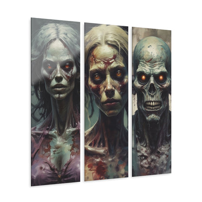 Triptych Acrylic Wall Art — Horror Zombie Portraits (Scary Gothic Decor)