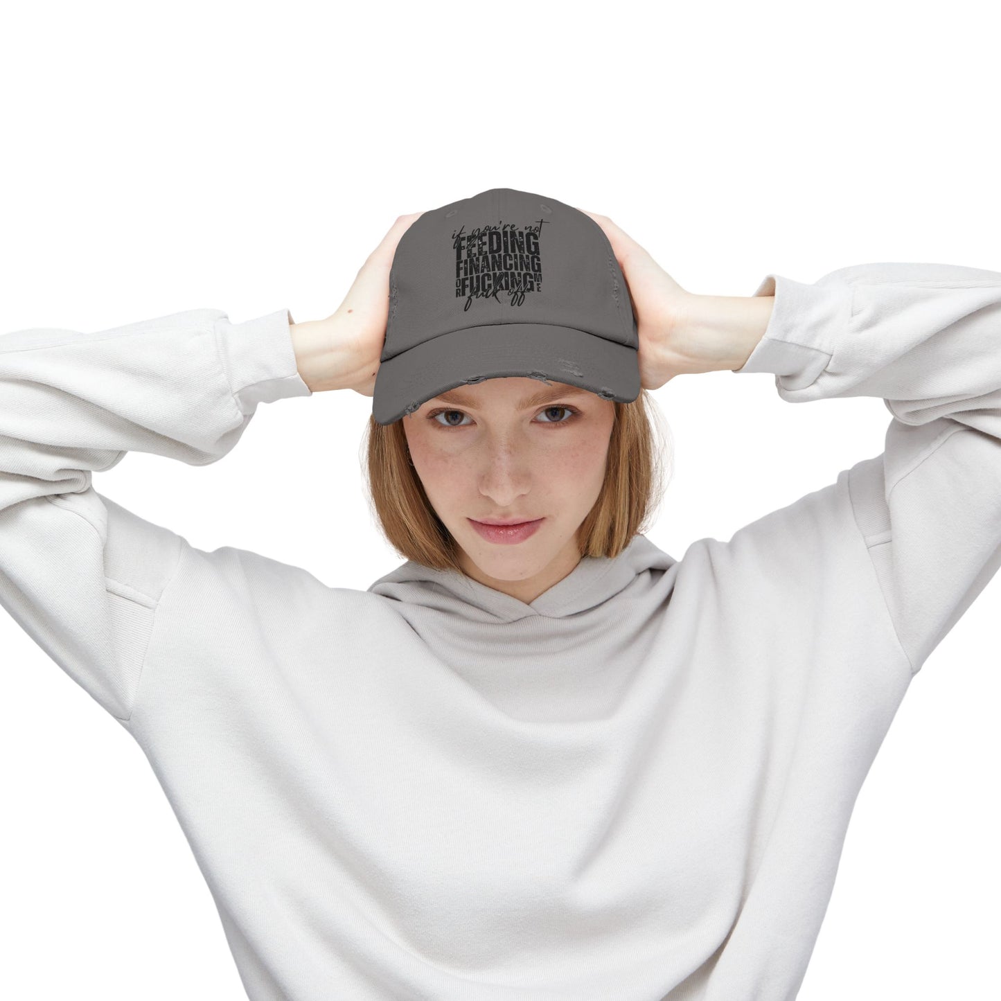 Distressed Dad Hat — "Feeding, Financing & F***ing" Bold Script Cap