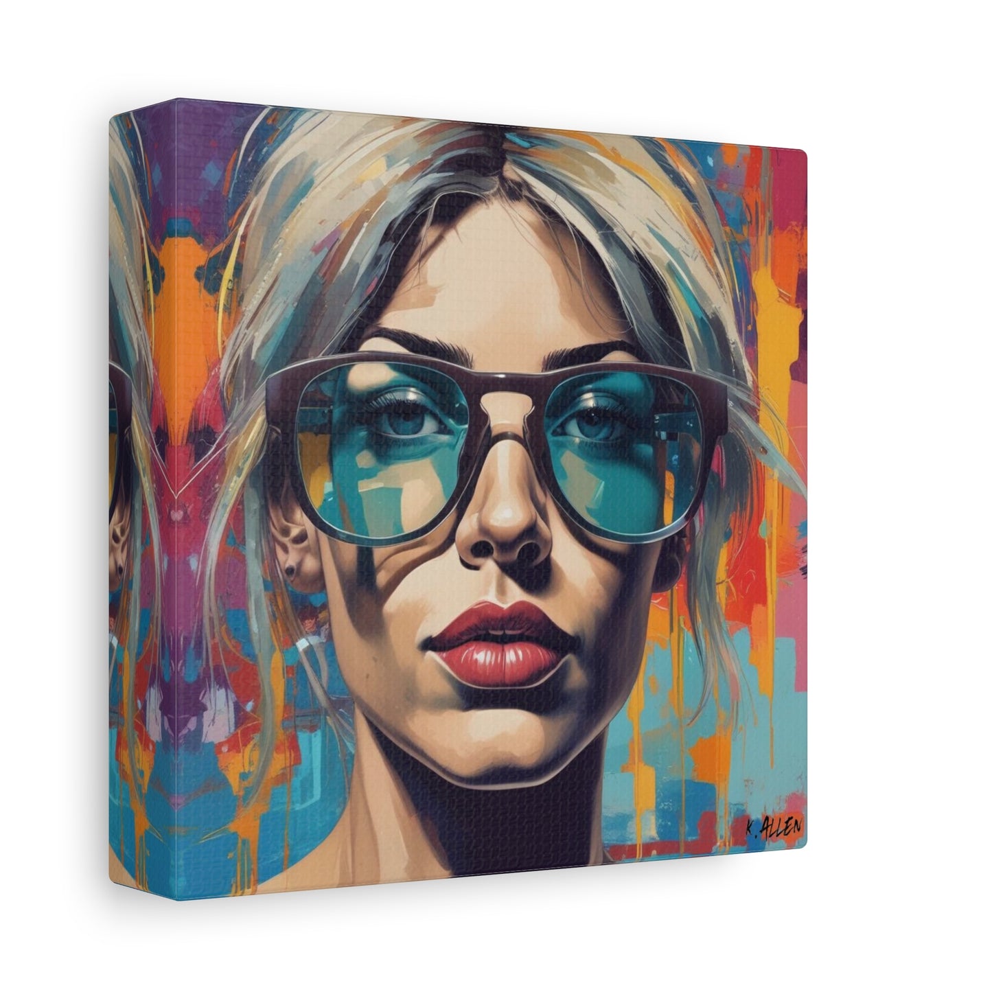 Pop Art Portrait Canvas — Blonde Woman with Blue Sunglasses Matte Stretched Art