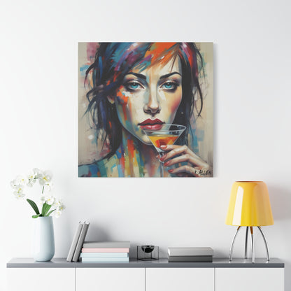 Colorful Femme Portrait Canvas — Martini Woman Stretched Wall Art