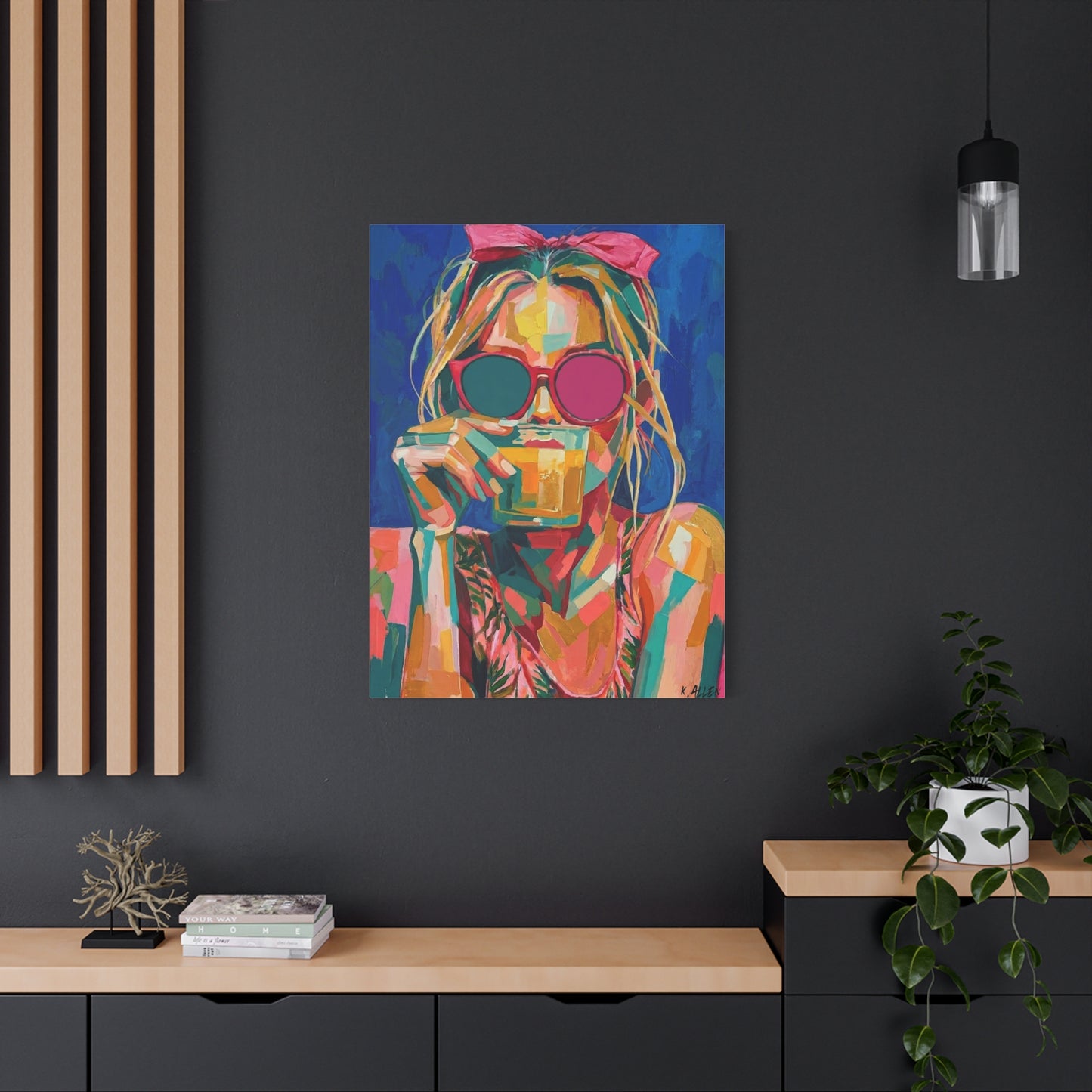 Colorful Pop Art Woman Drinking Canvas Wall Art - Blue