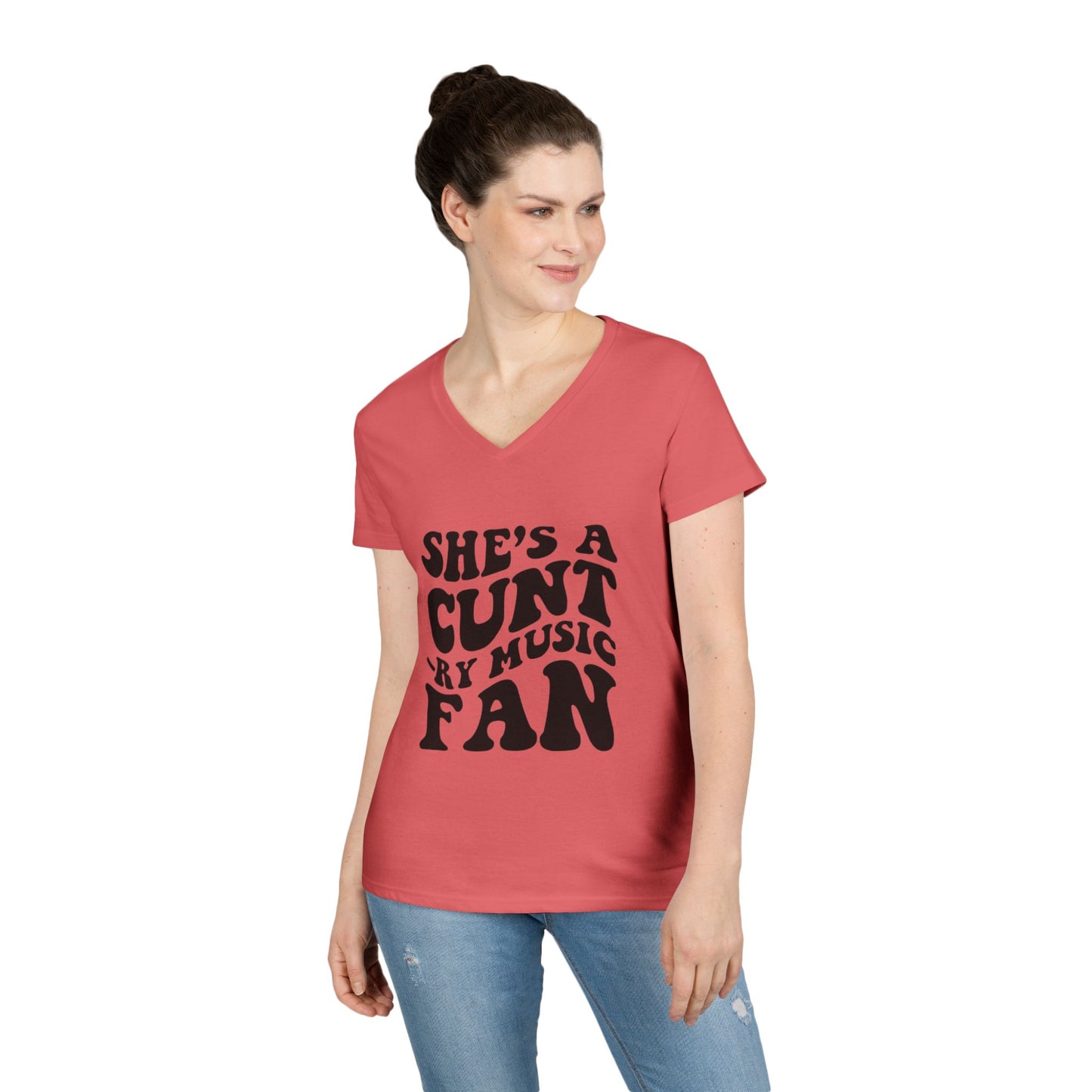 V-Neck T-Shirt — "She's a Cuntry Music Fan" Retro Typography Tee