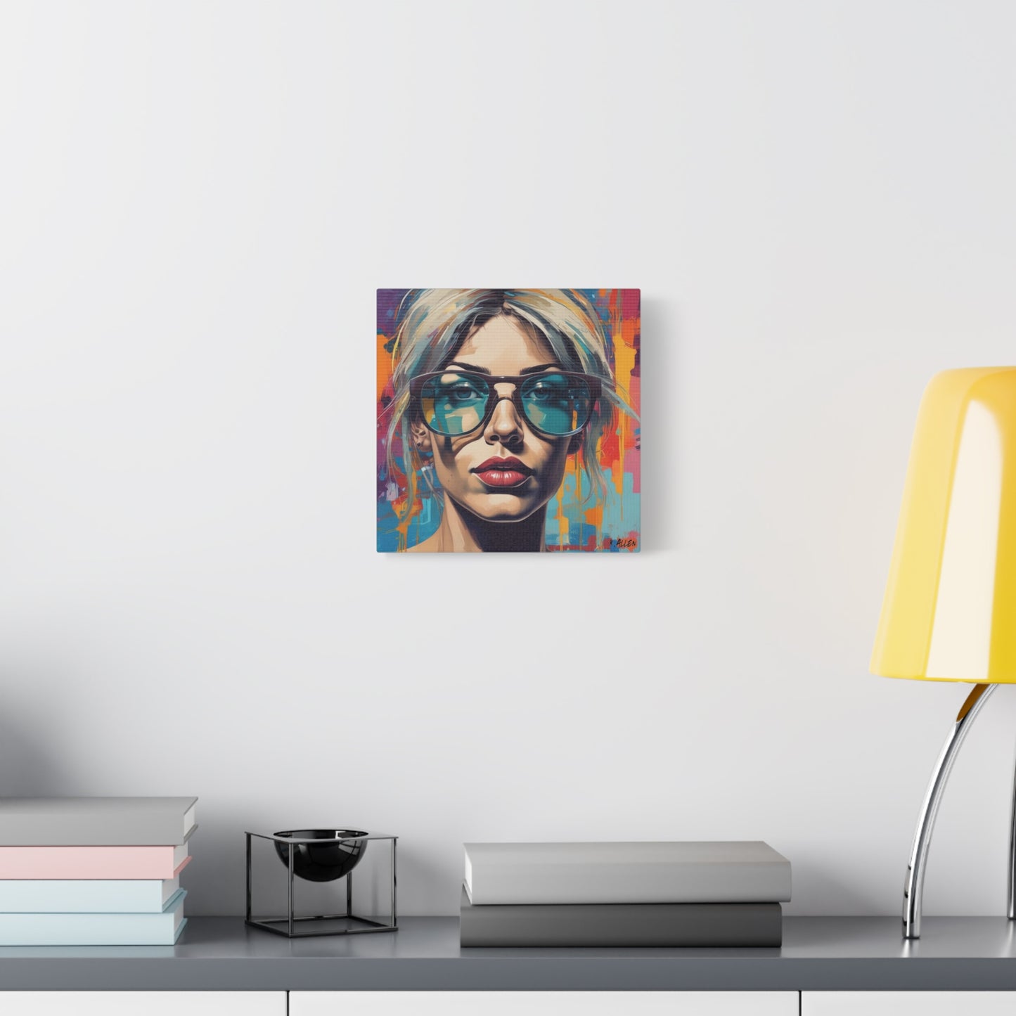 Pop Art Portrait Canvas — Blonde Woman with Blue Sunglasses Matte Stretched Art