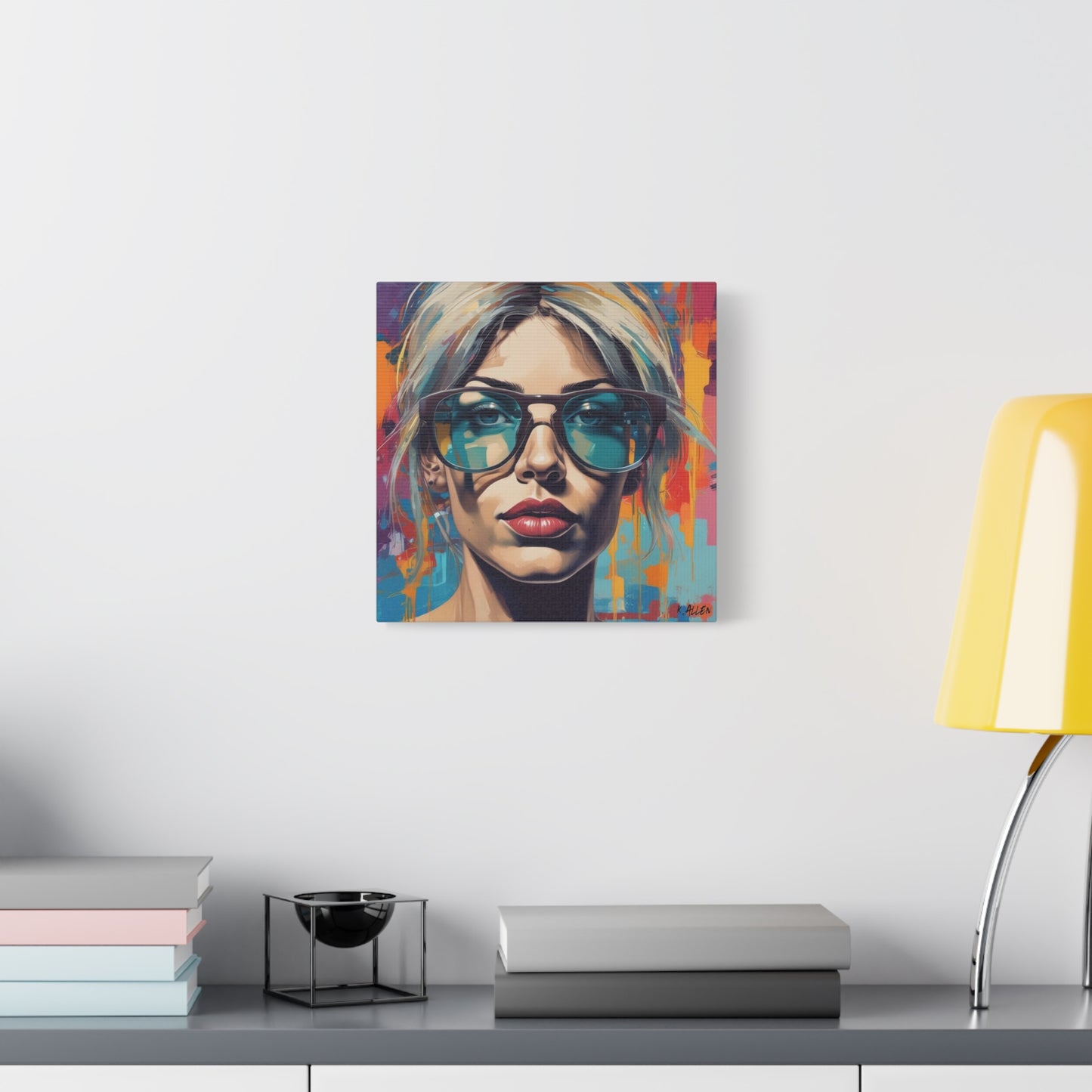 Pop Art Portrait Canvas — Blonde Woman with Blue Sunglasses Matte Stretched Art
