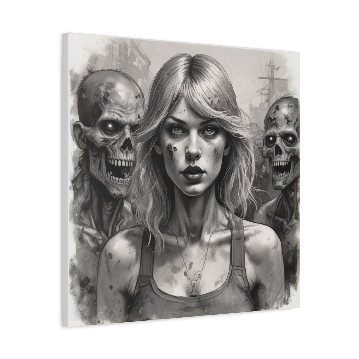 Zombie Apocalypse Canvas Print — Female Survivor Portrait Matte Stretched Art