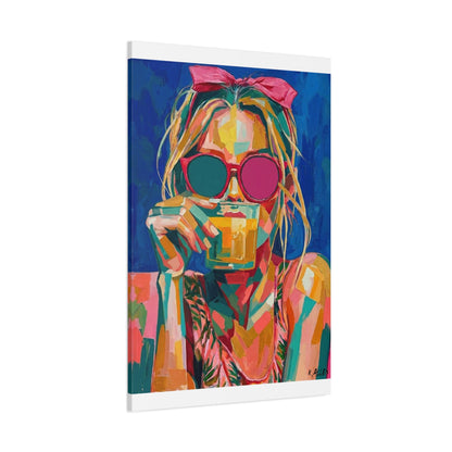 Colorful Pop Art Woman Drinking Canvas Wall Art - Blue