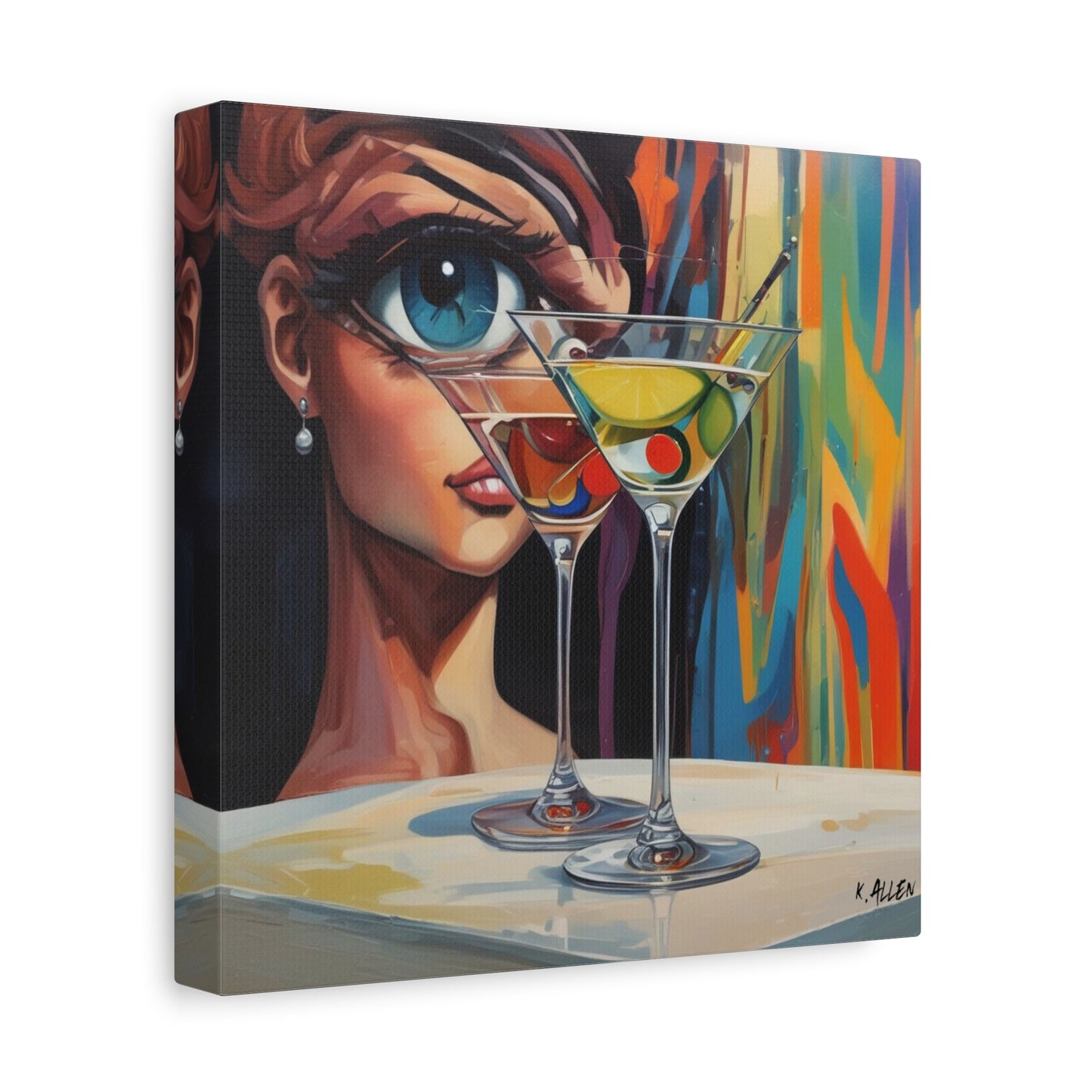 Pop Art Martini Canvas Wall Art — Colorful Woman & Cocktails Matte Stretched 1.25"