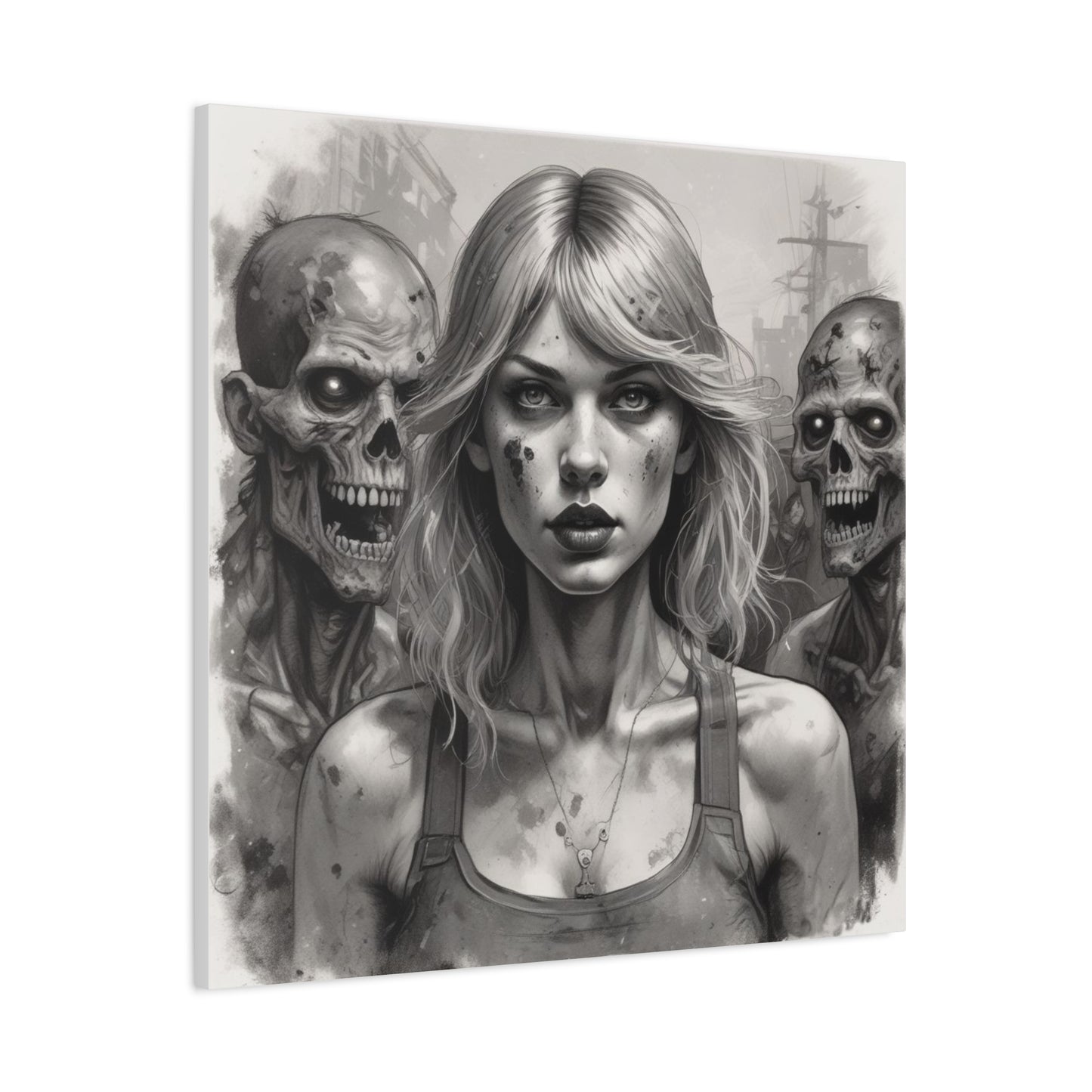 Zombie Apocalypse Canvas Print — Female Survivor Portrait Matte Stretched Art