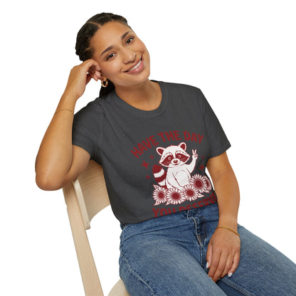 Have The Day You Deserve Raccoon T-Shirt — Positive Message Tee with Sunflowers
