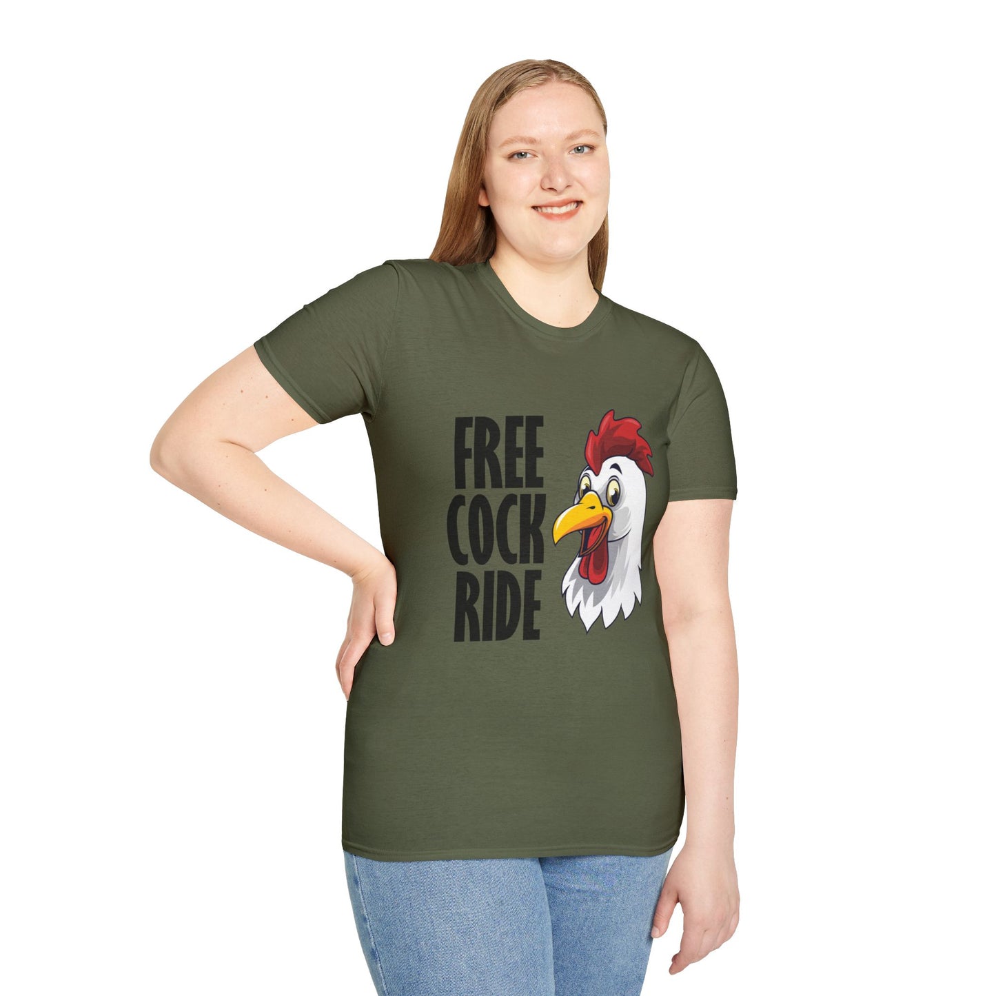 Graphic T-Shirt — "Free Cock Ride" Rooster Novelty Tee