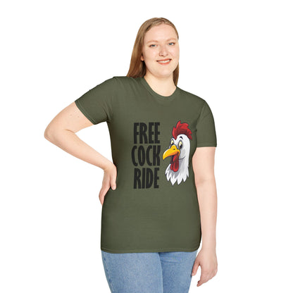Graphic T-Shirt — "Free Cock Ride" Rooster Novelty Tee