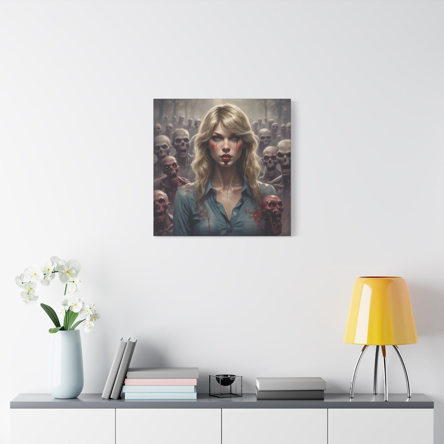 Zombie Swift Matte Canvas Print — Horror Wall Art, Blonde Survivor Surrounded by Undead