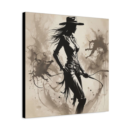 Cowgirl Silhouette Canvas Art – Western Whip Poster on Matte Stretched Canvas
