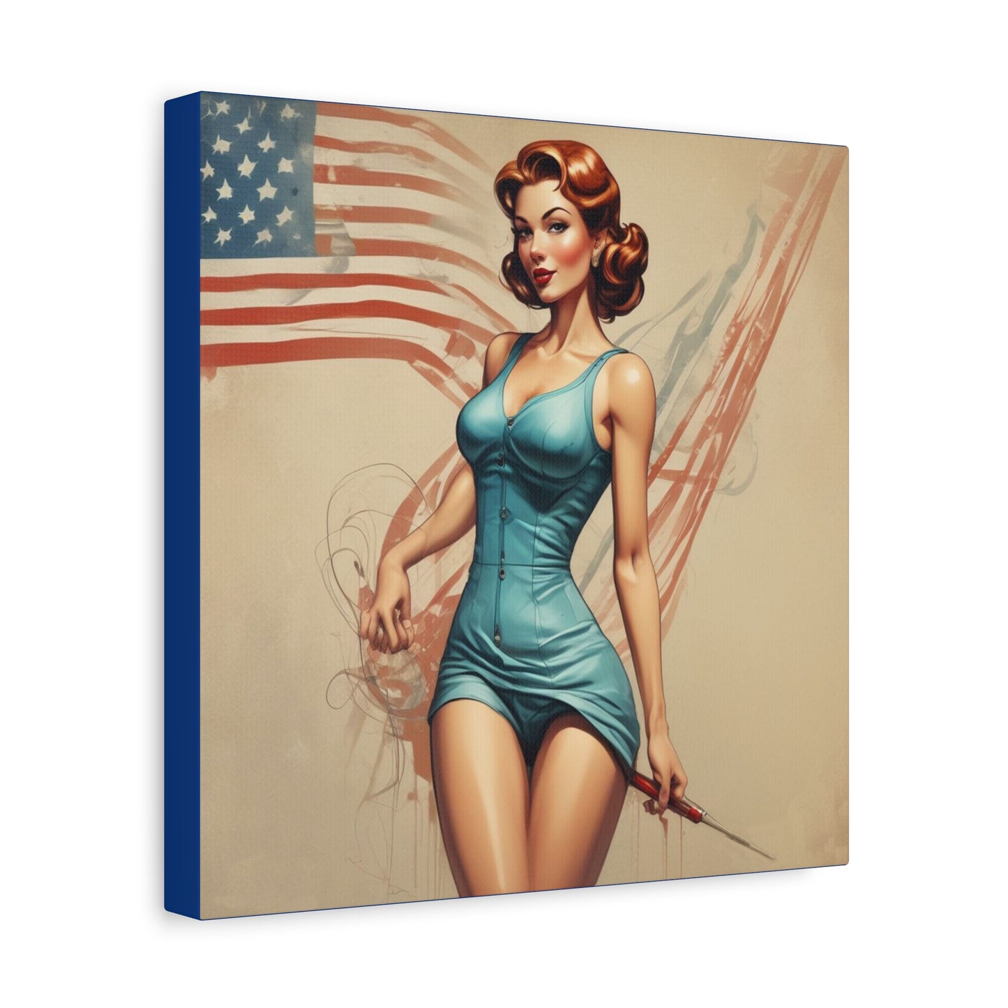 Retro Pin-Up Canvas Wall Art — Vintage American Flag Pinup Matte Stretched 1.25"