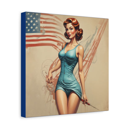 Retro Pin-Up Canvas Wall Art — Vintage American Flag Pinup Matte Stretched 1.25"
