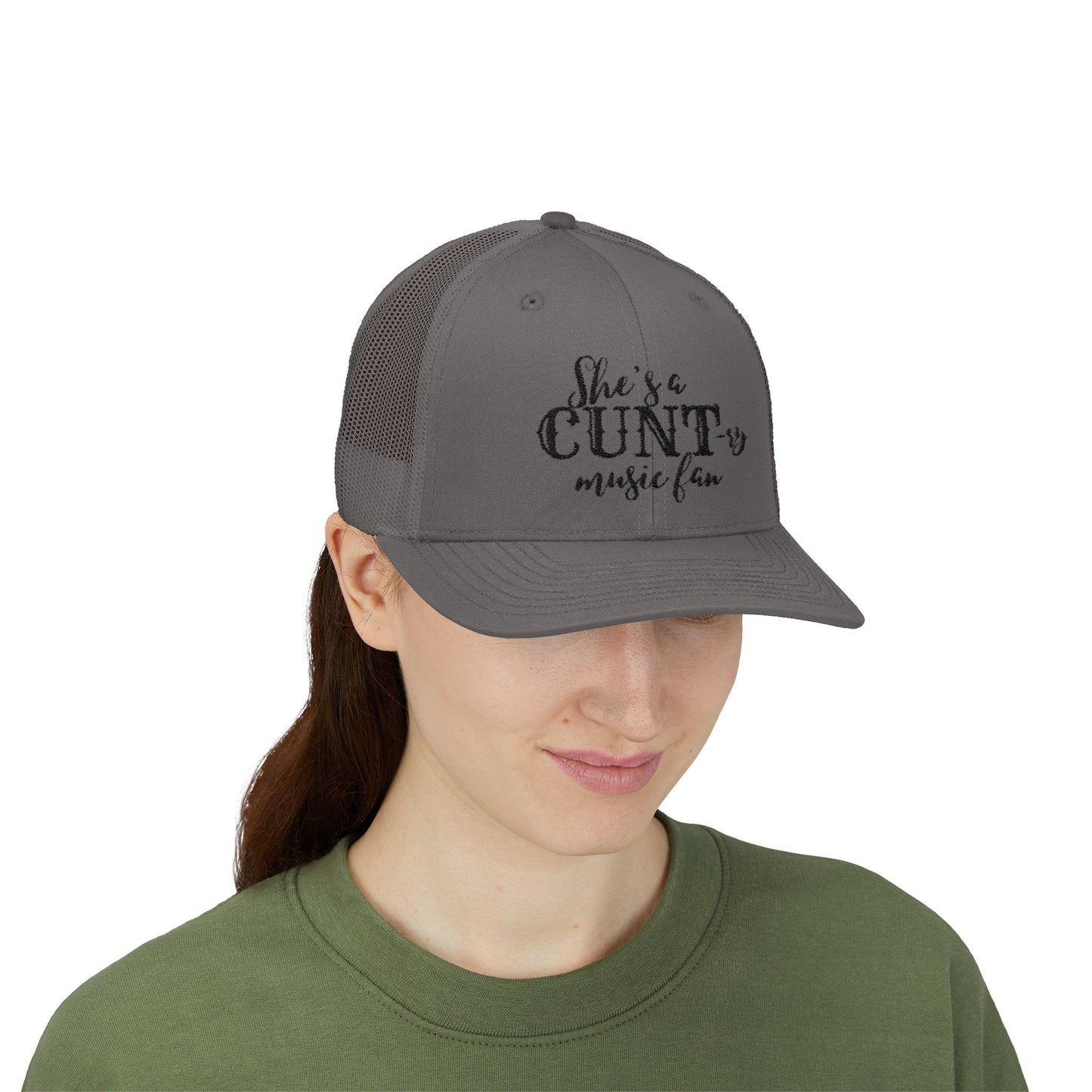 Trucker Cap — "She's a CUNTry Music Fan" Embroidered Mesh Snapback