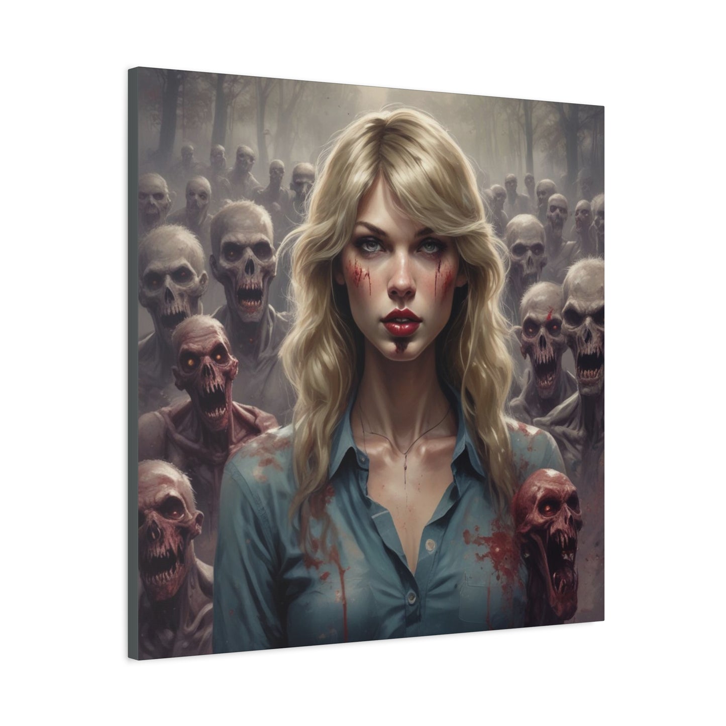 Zombie Swift Matte Canvas Print — Horror Wall Art, Blonde Survivor Surrounded by Undead