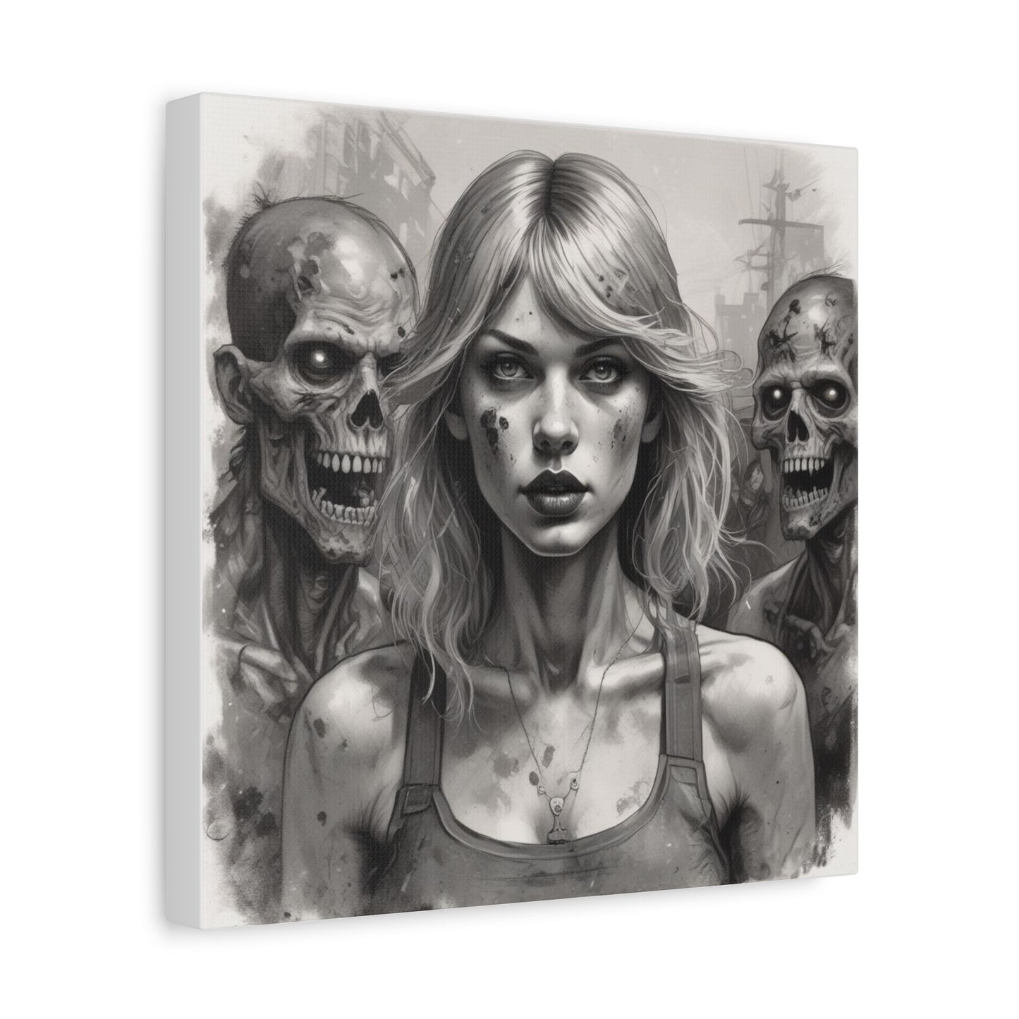 Zombie Apocalypse Canvas Print — Female Survivor Portrait Matte Stretched Art