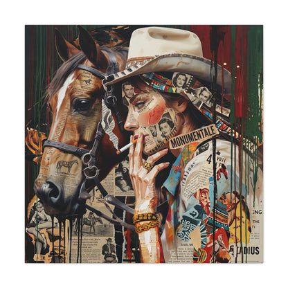 Western Collage Horse & Cowgirl Matte Canvas Wall Art - Stretched 1.25"
