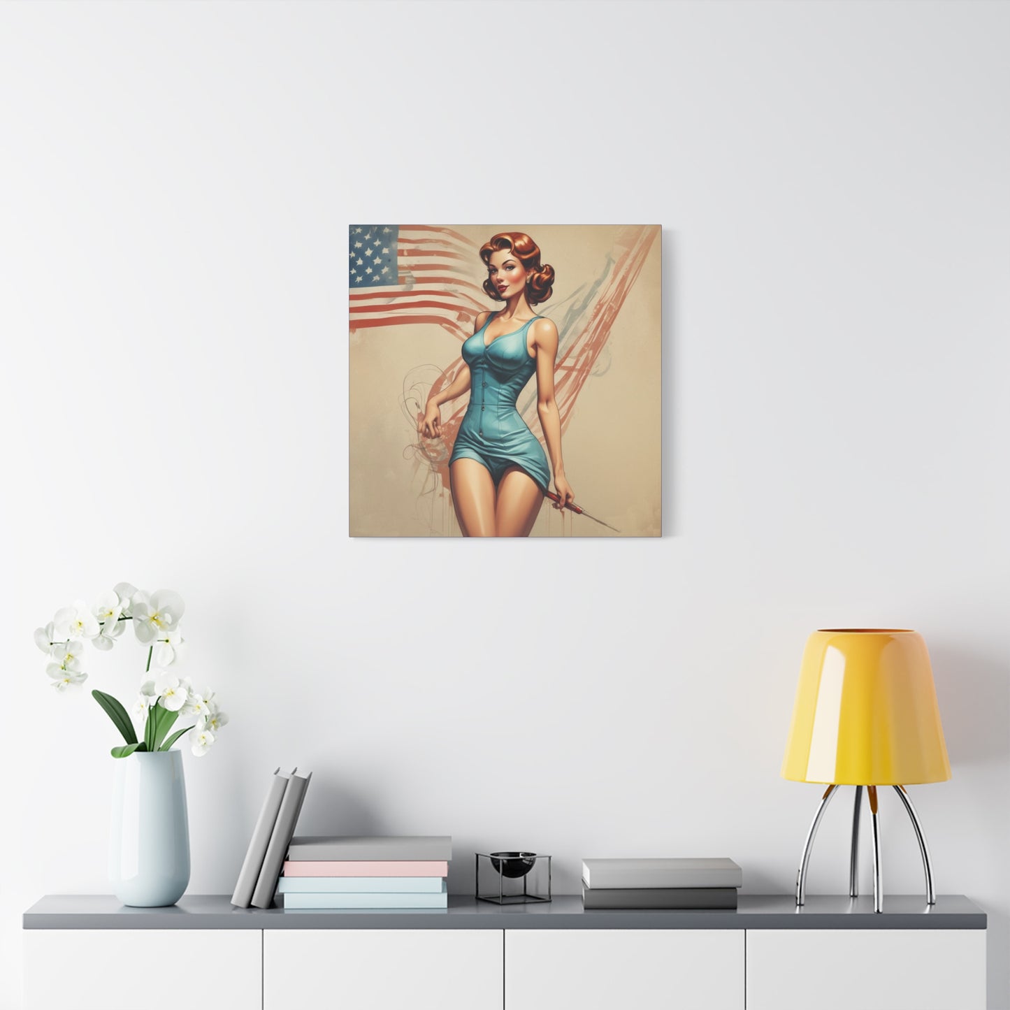 Retro Pin-Up Canvas Wall Art — Vintage American Flag Pinup Matte Stretched 1.25"