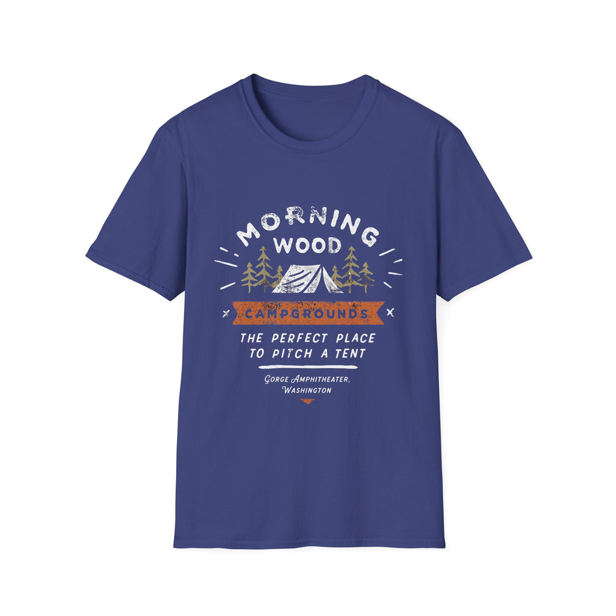 Camping T-Shirt — "Morning Wood" Tent & Pine Tree Outdoor Graphic Tee
