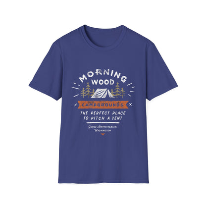 Camping T-Shirt — "Morning Wood" Tent & Pine Tree Outdoor Graphic Tee