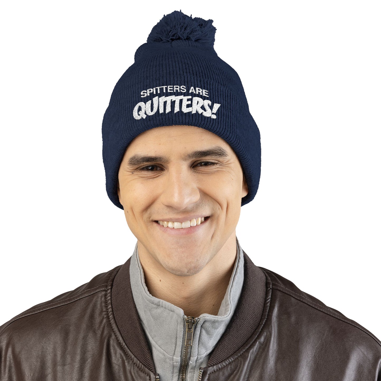 Embroidered Pom-Pom Beanie — "Spitters Are Quitters!" Cozy Winter Hat