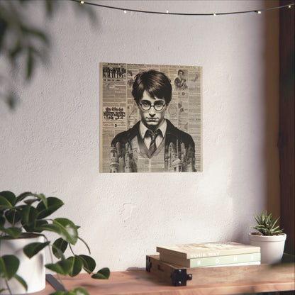 Vintage Newspaper Portrait Poster — Young Wizard Illustration Fine Art Print