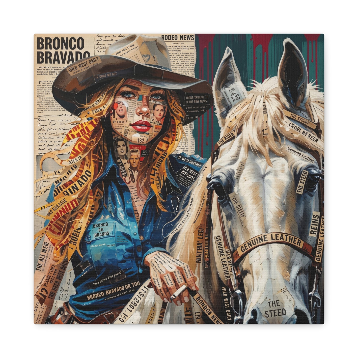 Cowgirl & Horse Collage Matte Canvas Print — Western Collage Art Wall Decor