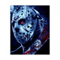 Horror Jason Mask Satin Poster — Bloodied Knife Slasher Wall Art