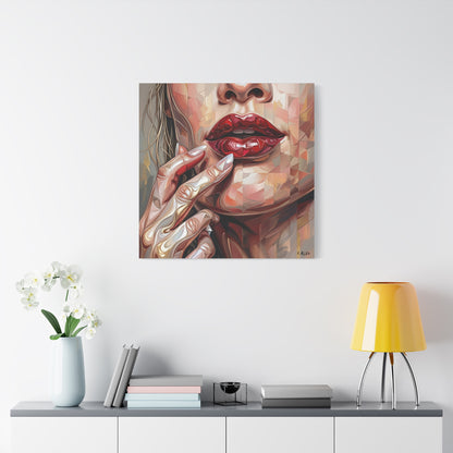 Glam Portrait Canvas Print — Red Lips & Painted Hands Matte Stretched Wall Art