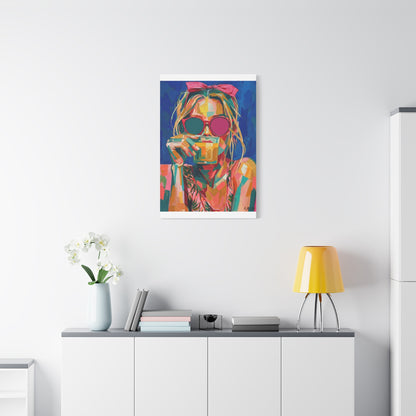 Colorful Pop Art Woman Drinking Canvas Wall Art - Blue