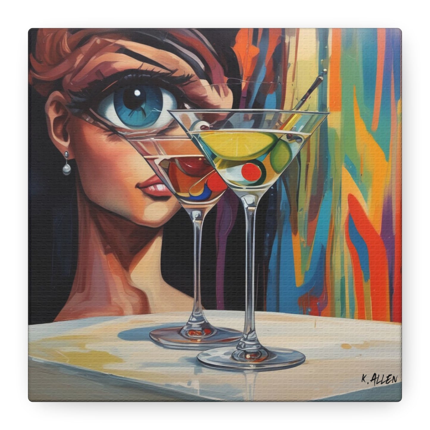 Pop Art Martini Canvas Wall Art — Colorful Woman & Cocktails Matte Stretched 1.25"