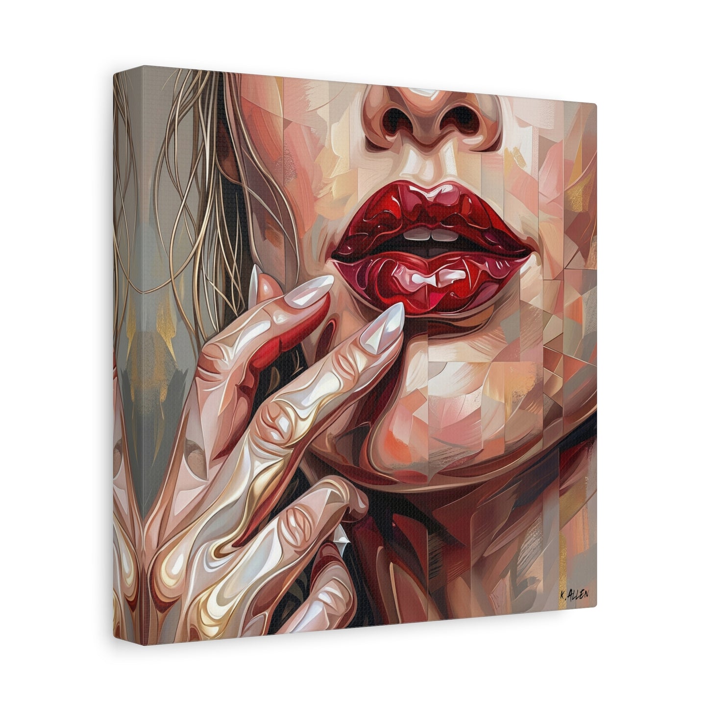 Glam Portrait Canvas Print — Red Lips & Painted Hands Matte Stretched Wall Art