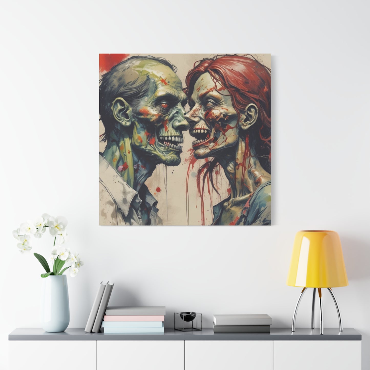 Zombie Couple Matte Canvas Wall Art — Blood-Splattered Horror Portrait