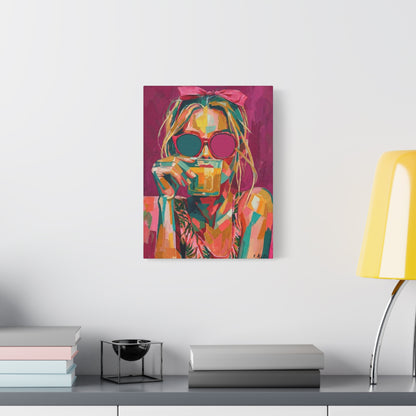 Pop Art Woman Drinking Coffee Canvas - Pink