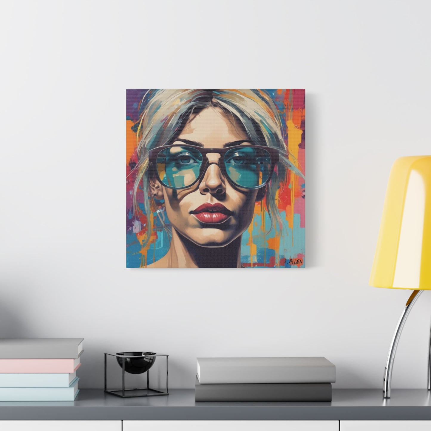 Pop Art Portrait Canvas — Blonde Woman with Blue Sunglasses Matte Stretched Art
