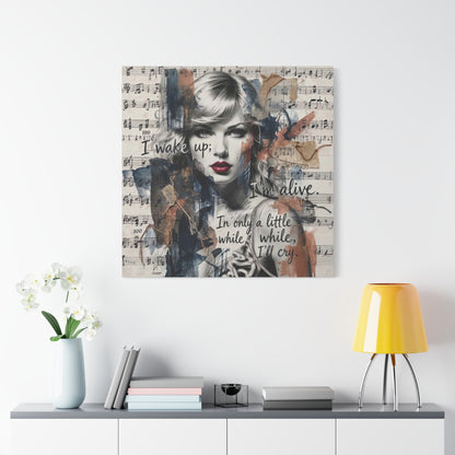 Swift Inspired Matte Stretched Canvas – "I Wake Up; I’m Alive" Mixed-Media Portrait Wall Art