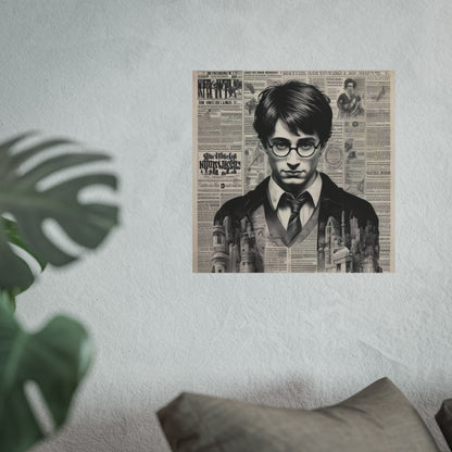 Vintage Newspaper Portrait Poster — Young Wizard Illustration Fine Art Print