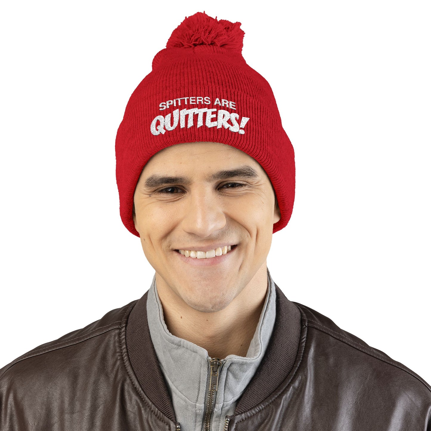 Embroidered Pom-Pom Beanie — "Spitters Are Quitters!" Cozy Winter Hat