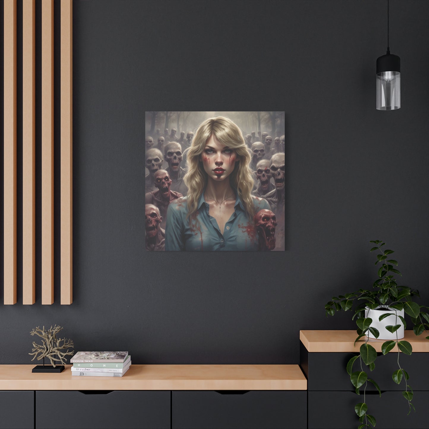 Zombie Swift Matte Canvas Print — Horror Wall Art, Blonde Survivor Surrounded by Undead