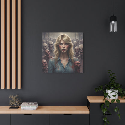 Zombie Swift Matte Canvas Print — Horror Wall Art, Blonde Survivor Surrounded by Undead