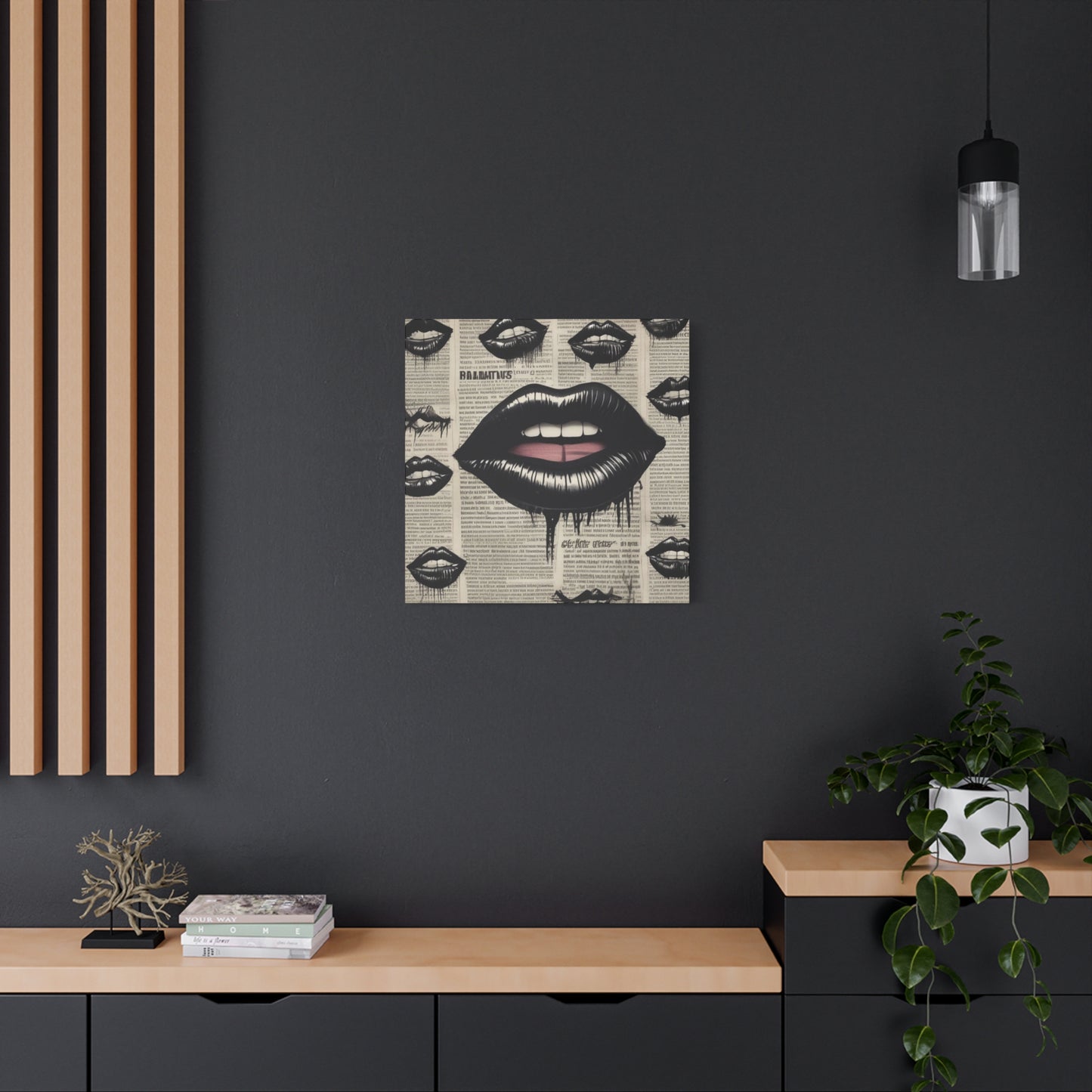Black Drip Lips Canvas Wall Art — Vintage Newspaper Pop Art