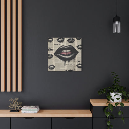 Black Drip Lips Canvas Wall Art — Vintage Newspaper Pop Art