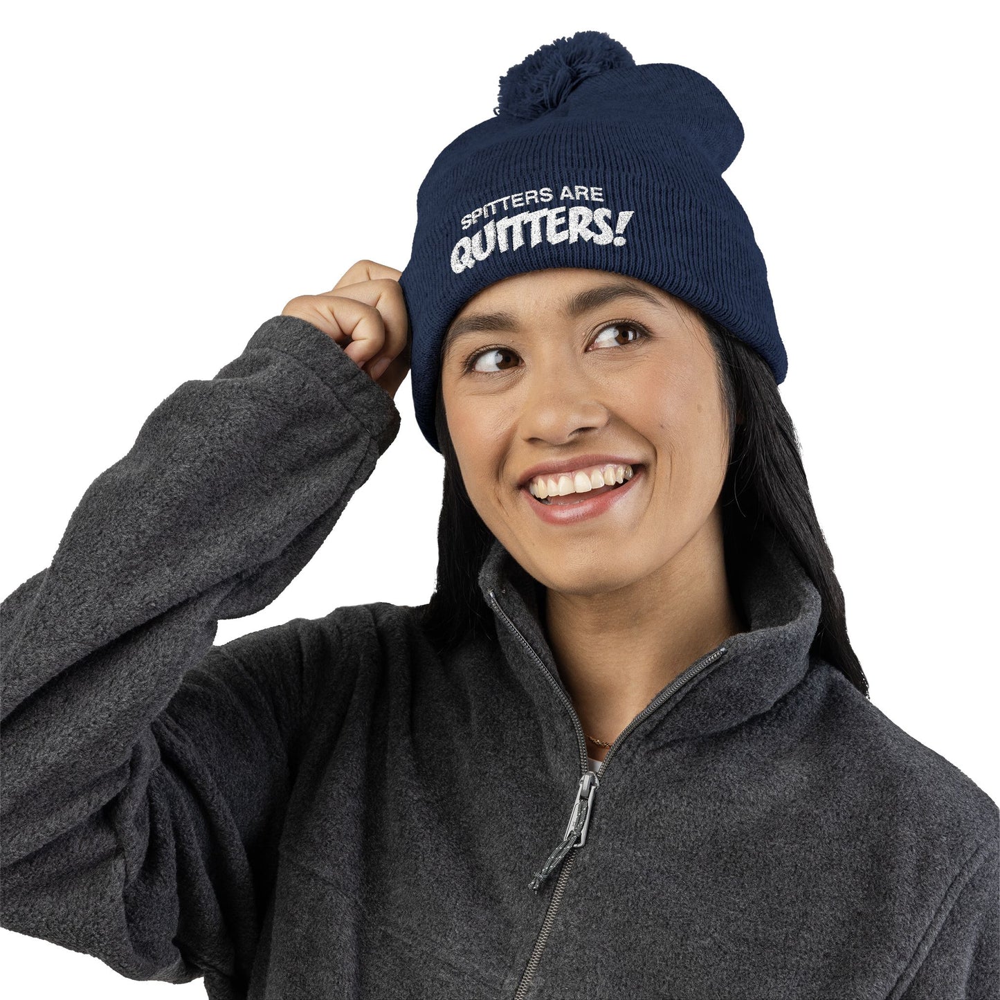 Embroidered Pom-Pom Beanie — "Spitters Are Quitters!" Cozy Winter Hat
