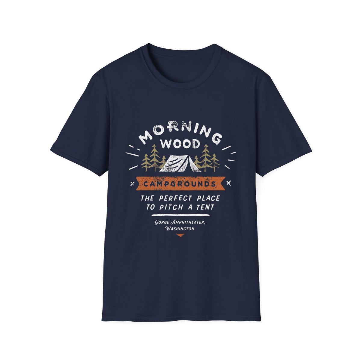 Camping T-Shirt — "Morning Wood" Tent & Pine Tree Outdoor Graphic Tee