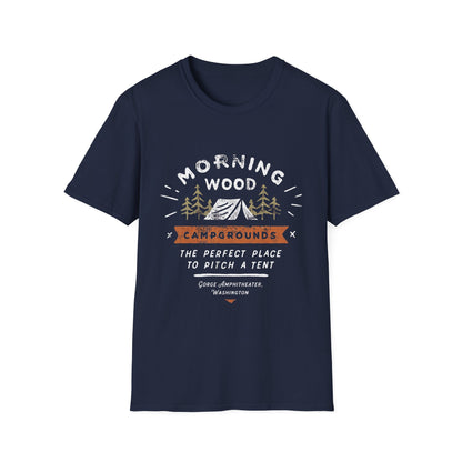 Camping T-Shirt — "Morning Wood" Tent & Pine Tree Outdoor Graphic Tee