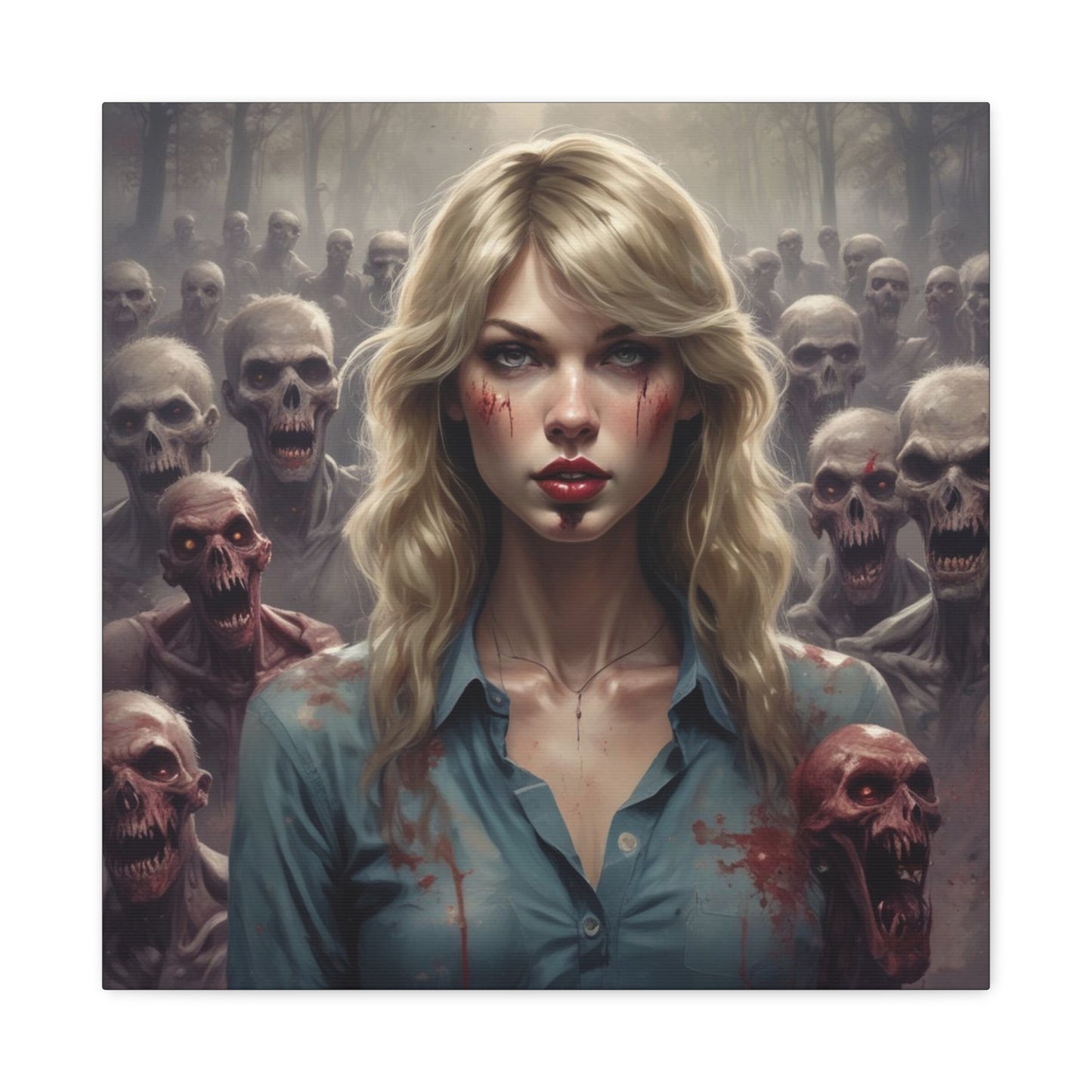 Zombie Swift Matte Canvas Print — Horror Wall Art, Blonde Survivor Surrounded by Undead