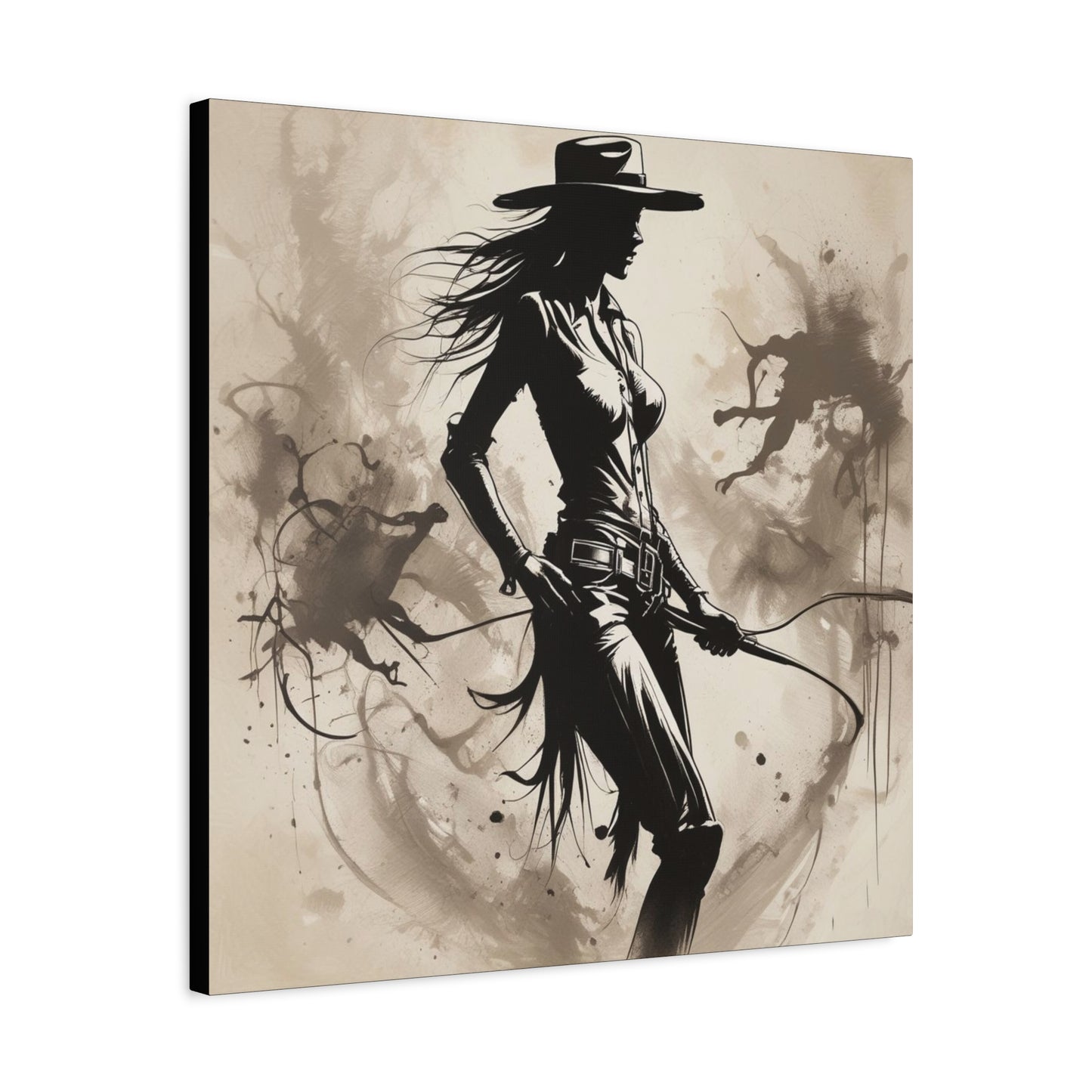 Cowgirl Silhouette Canvas Art – Western Whip Poster on Matte Stretched Canvas